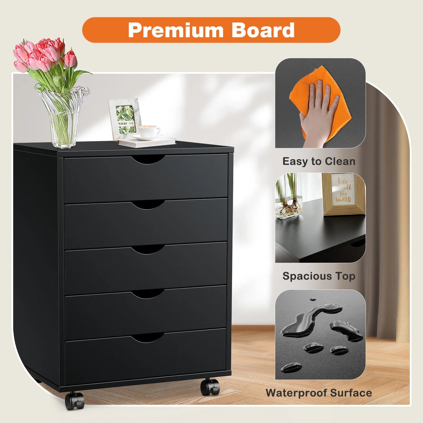 JHK Wood Nightstand 5 Drawer Cabinet On Wheels For Bedroom