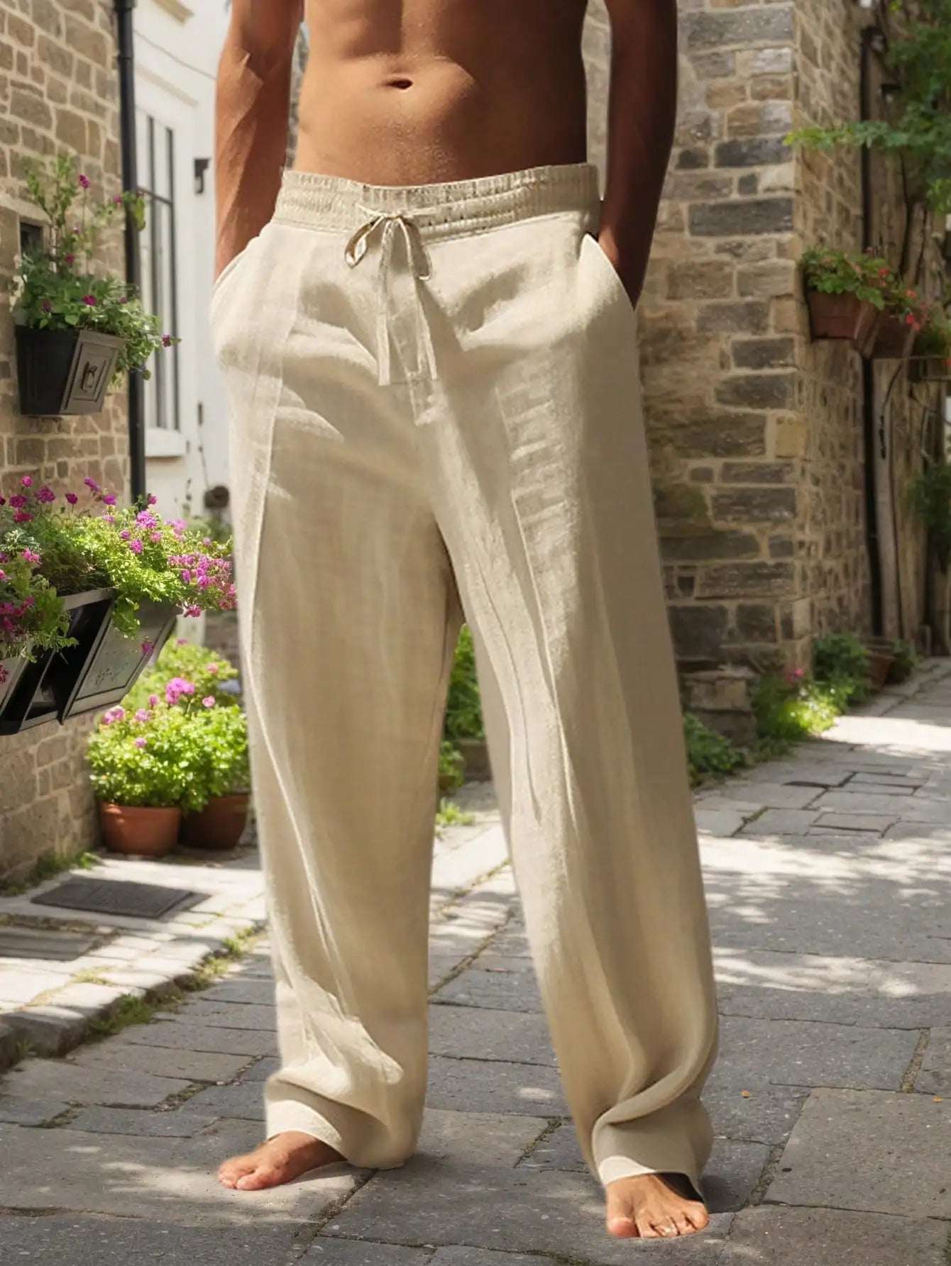 Men's Linen Wide Leg Casual Pants Breathable Lightweight Summer Wear