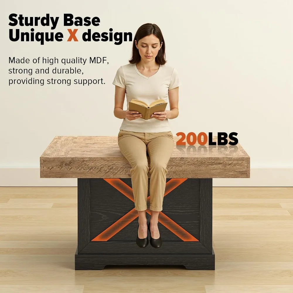 Rustic Wooden Coffee Table with X Design for Living Room