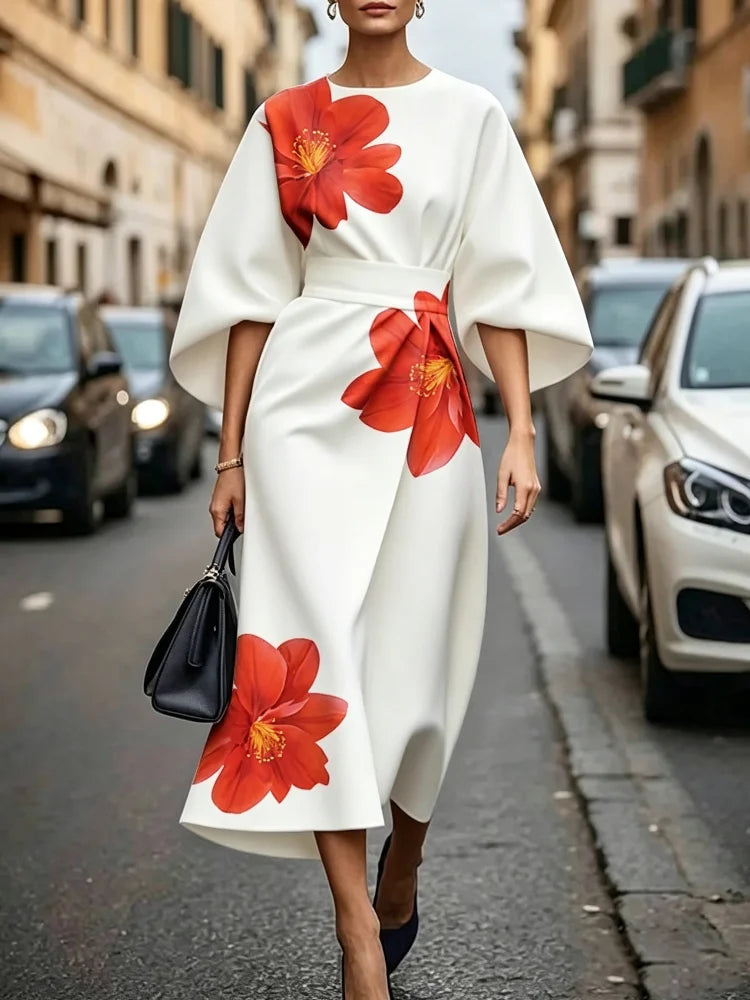 Tie Dye Satin Dress With Puff Sleeves And Belt Detail