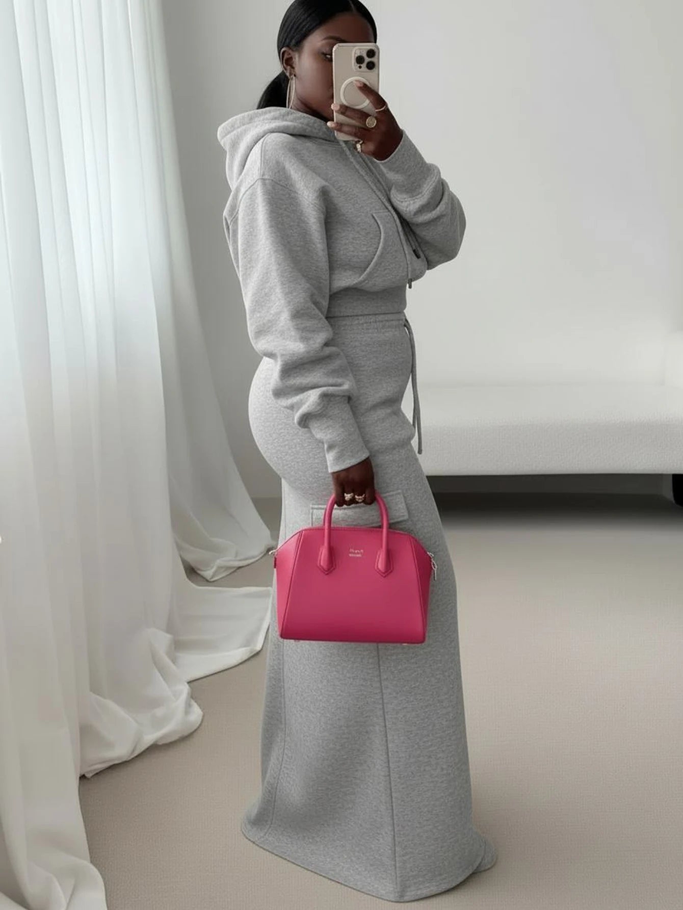 Women's Hooded Cropped Sweatshirt Cargo Pocket Maxi Skirt Set