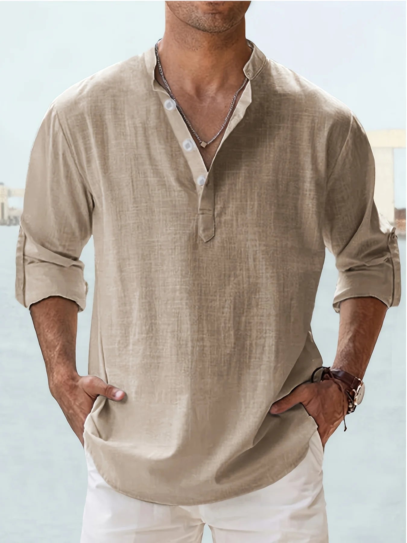 Mens Cotton Linen Stand Collar Long Sleeve Shirt Loose Fit