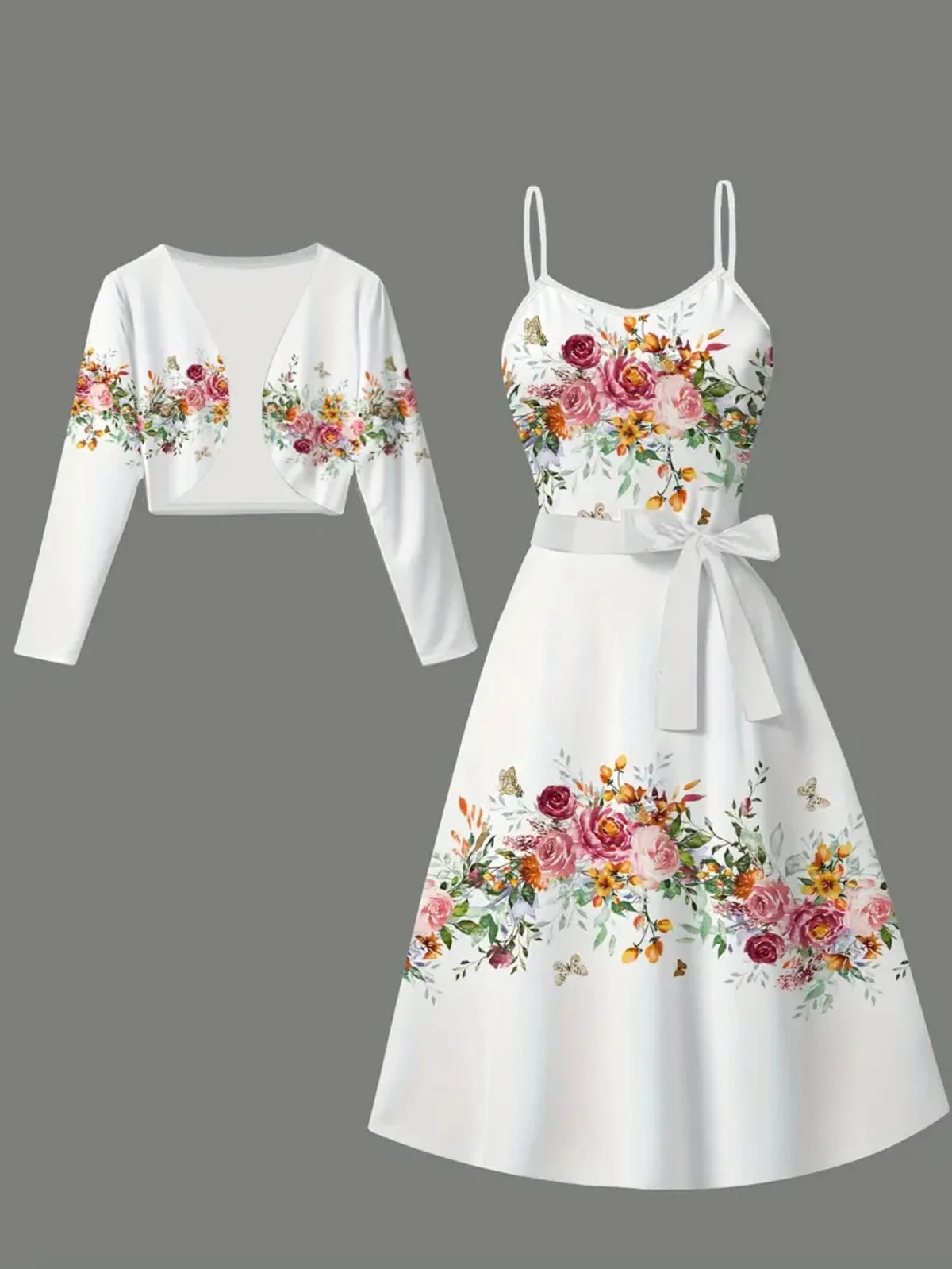 Womens Two Piece Cropped Cardigan And Floral Midi Dress Set