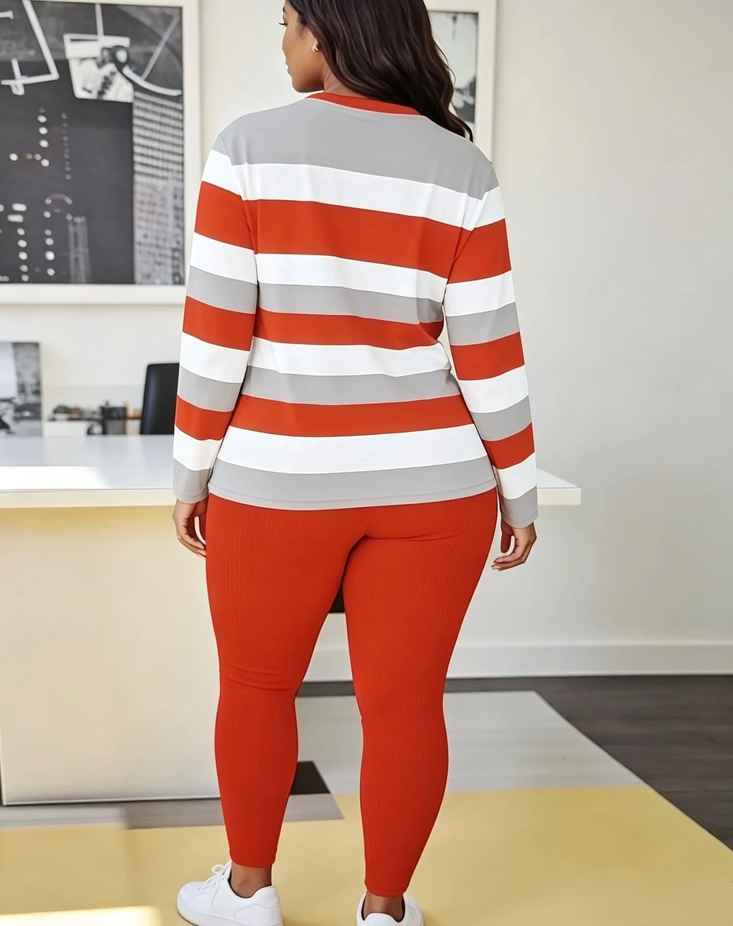 Women's Long Sleeve Two Piece Set Ribbed Pants Casual Loungewear