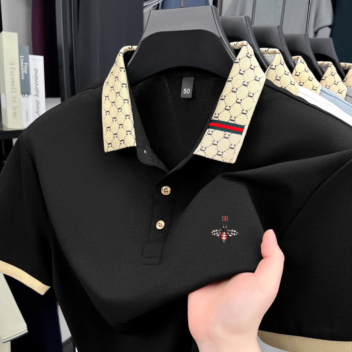 Men's High-End Lapel Polo Shirt With Letter Jacquard Bee Embroidery