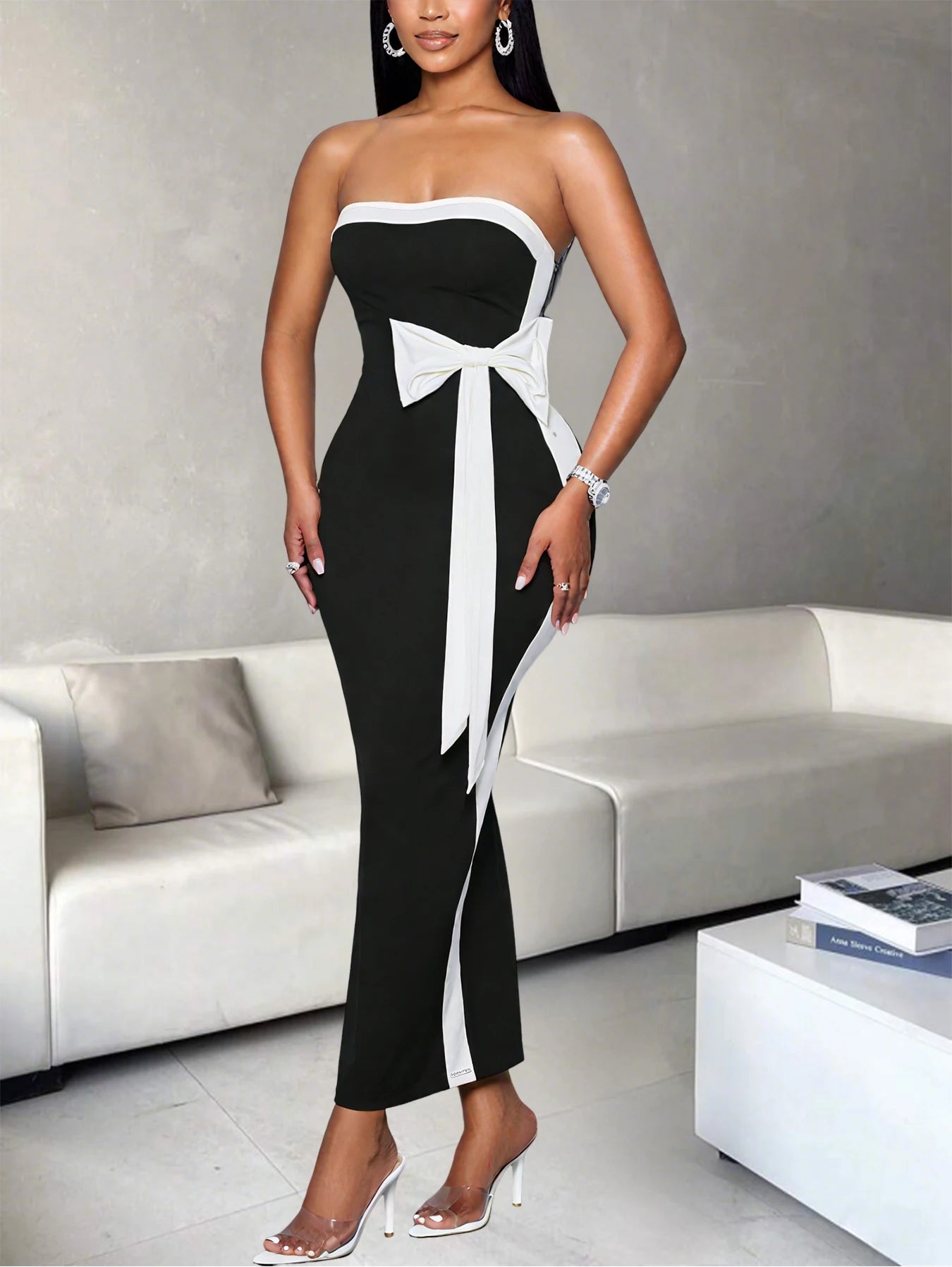Women One Shoulder Color Block Knot Design Ankle Length Polyester Dress