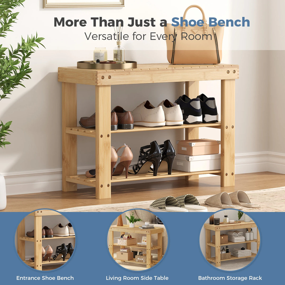 MCQ Three Tier Bamboo Shoe Cabinet With Entryway Storage Bench