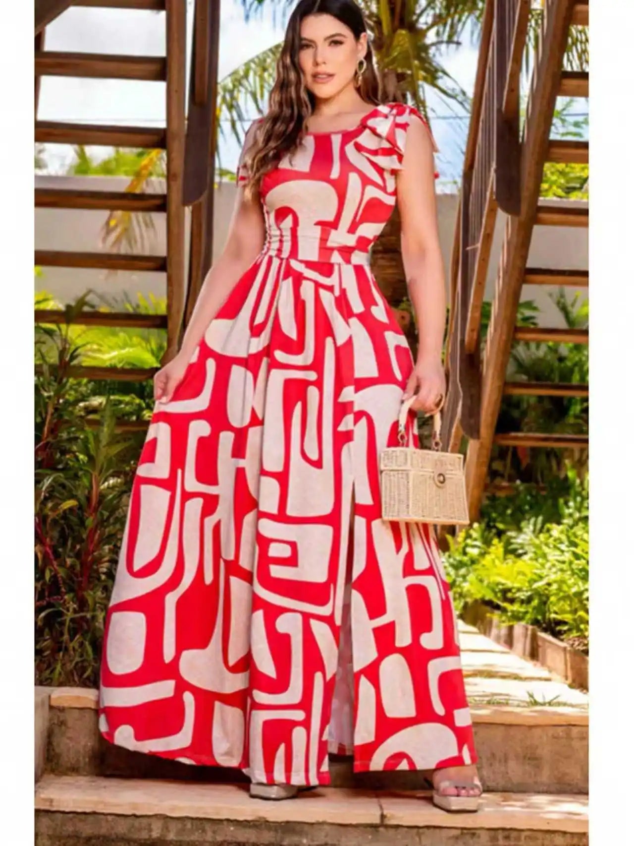 Geometric Print Sleeveless Maxi Dress With Bow Waist And Slit