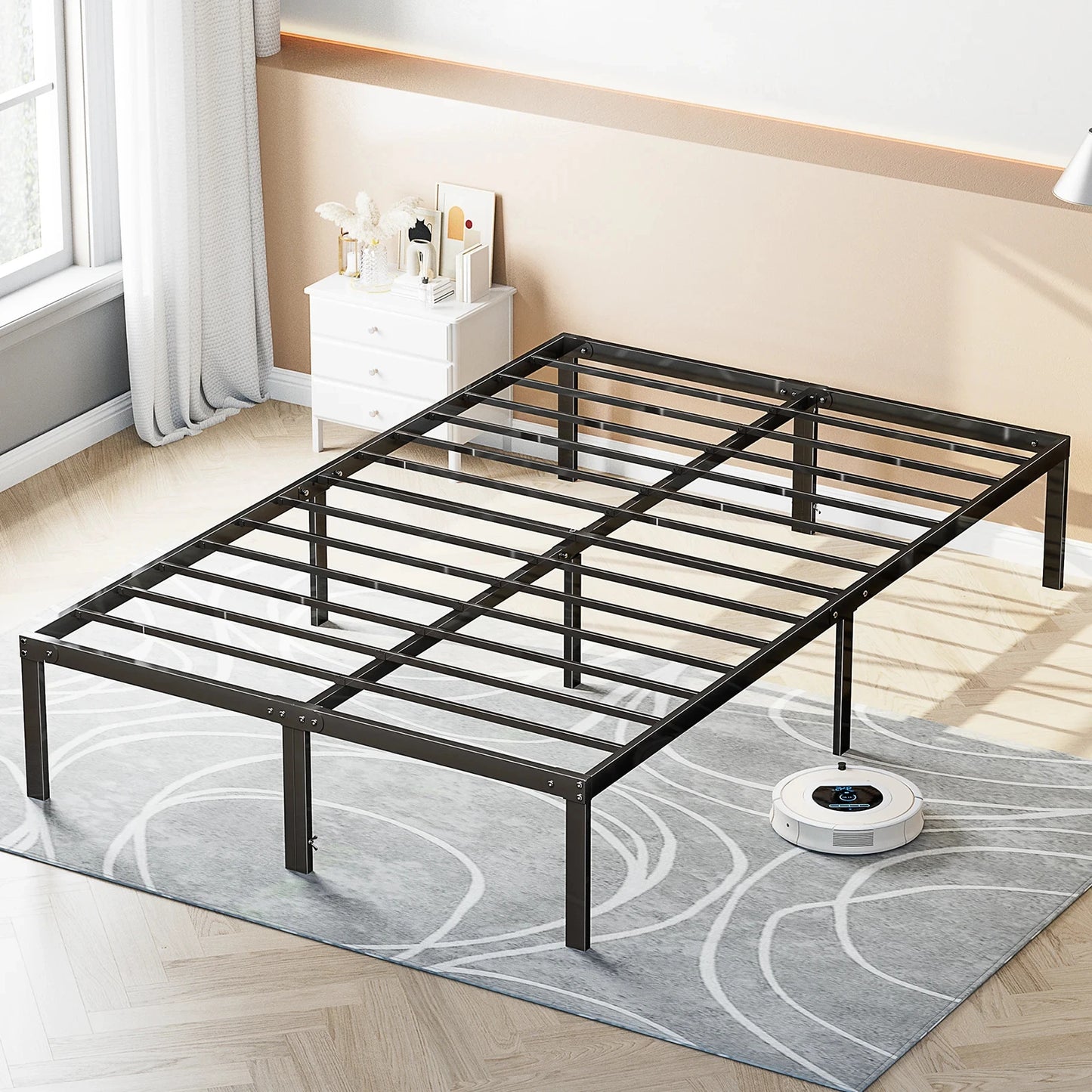 JHK Sturdy Metal Platform Bed Frame With Steel Slat Support