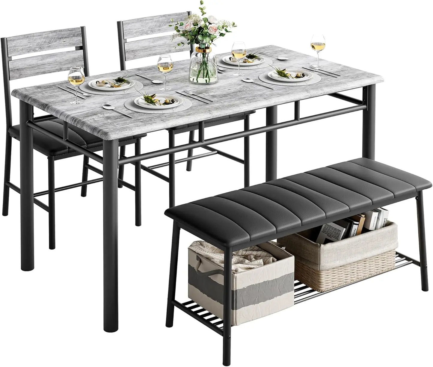 IRONCK Dining Table Set For 4 With Bench And Chairs