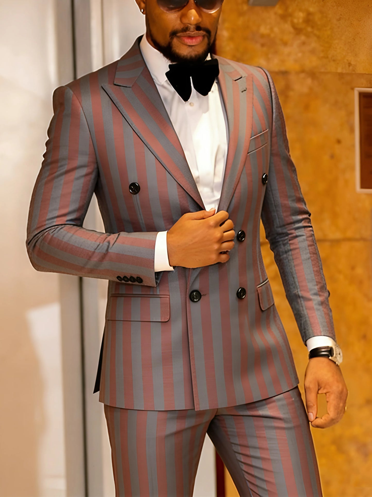 Men's Jacquard Two Piece Suit Set Slim Fit Double Breasted