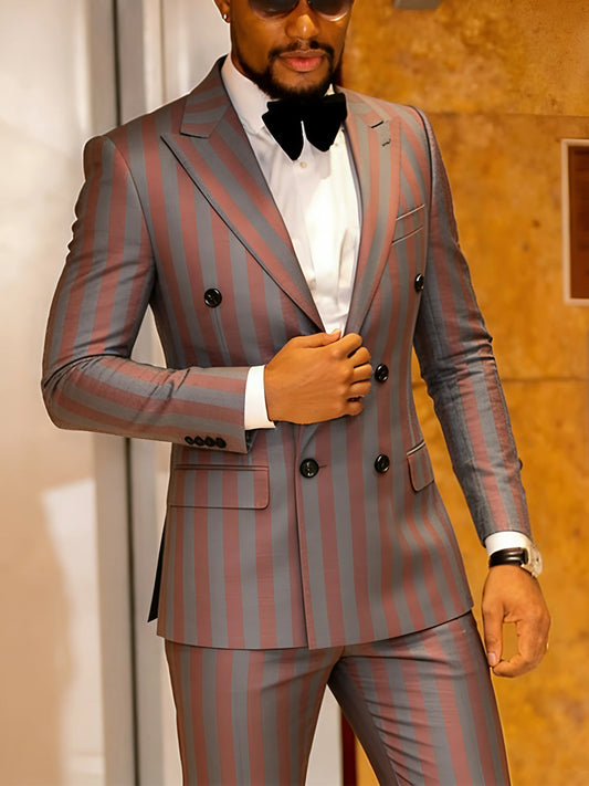 Men's Jacquard 2 Piece Suit Set Double Breasted Jacket Pants