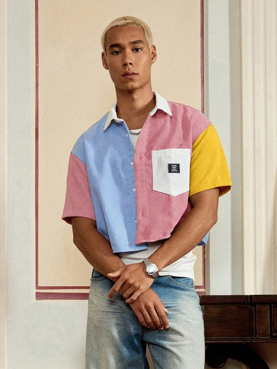 Men Patchwork Corduroy Short Sleeve Shirt Casual Daily Wear