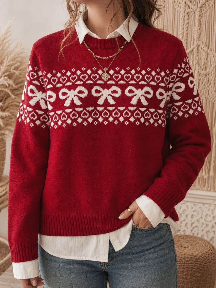 Women Bohemian Knitted Pullover Sweater With Bow Floral Print