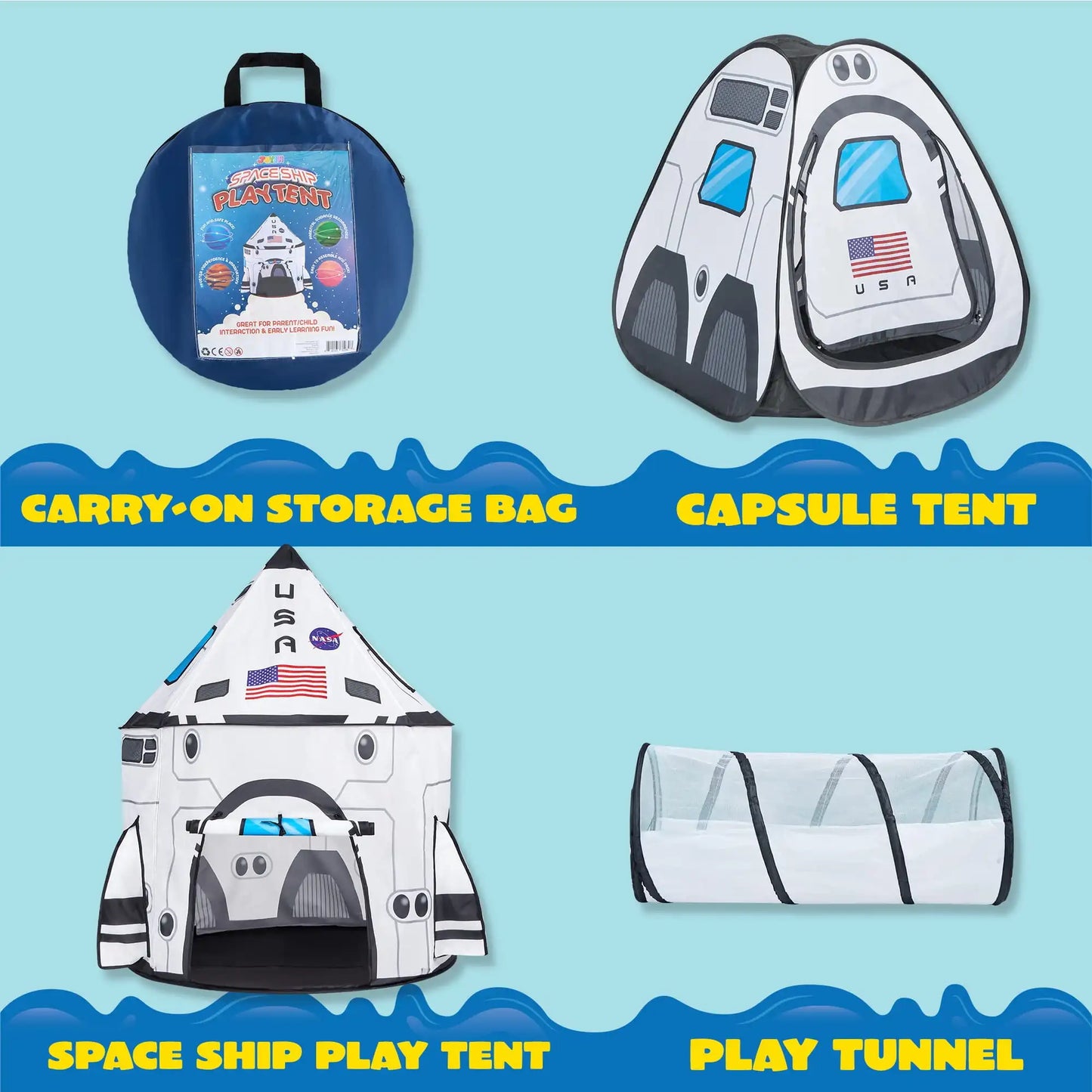 Joyfy Rocket Ship Play Tent Set With Tunnel 3 Piece