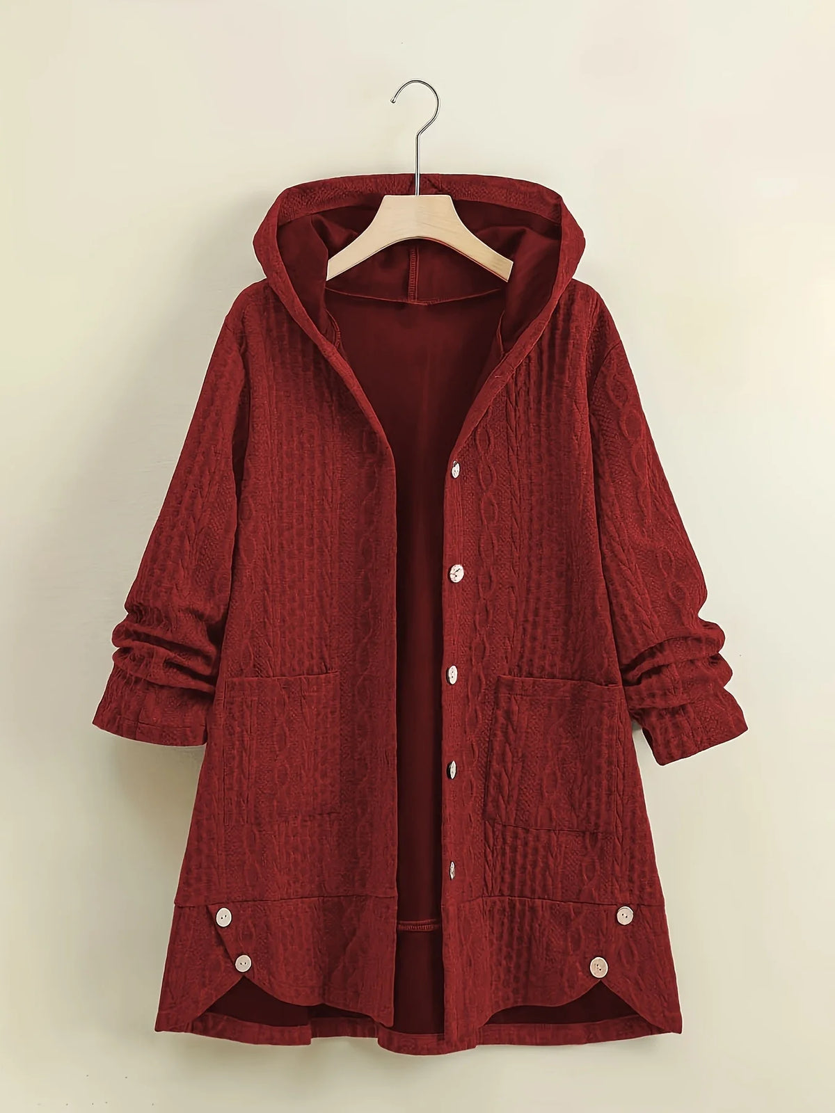Curvy Cable Knit Hooded Button Front Cardigan With Side Pockets