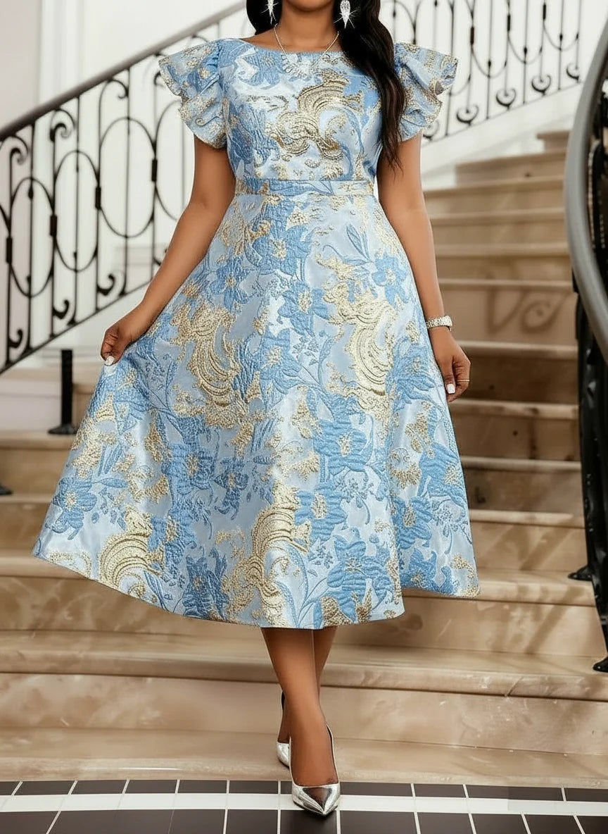 Printed Midi Flare Dress With Ruffle Sleeves For Wedding Guest