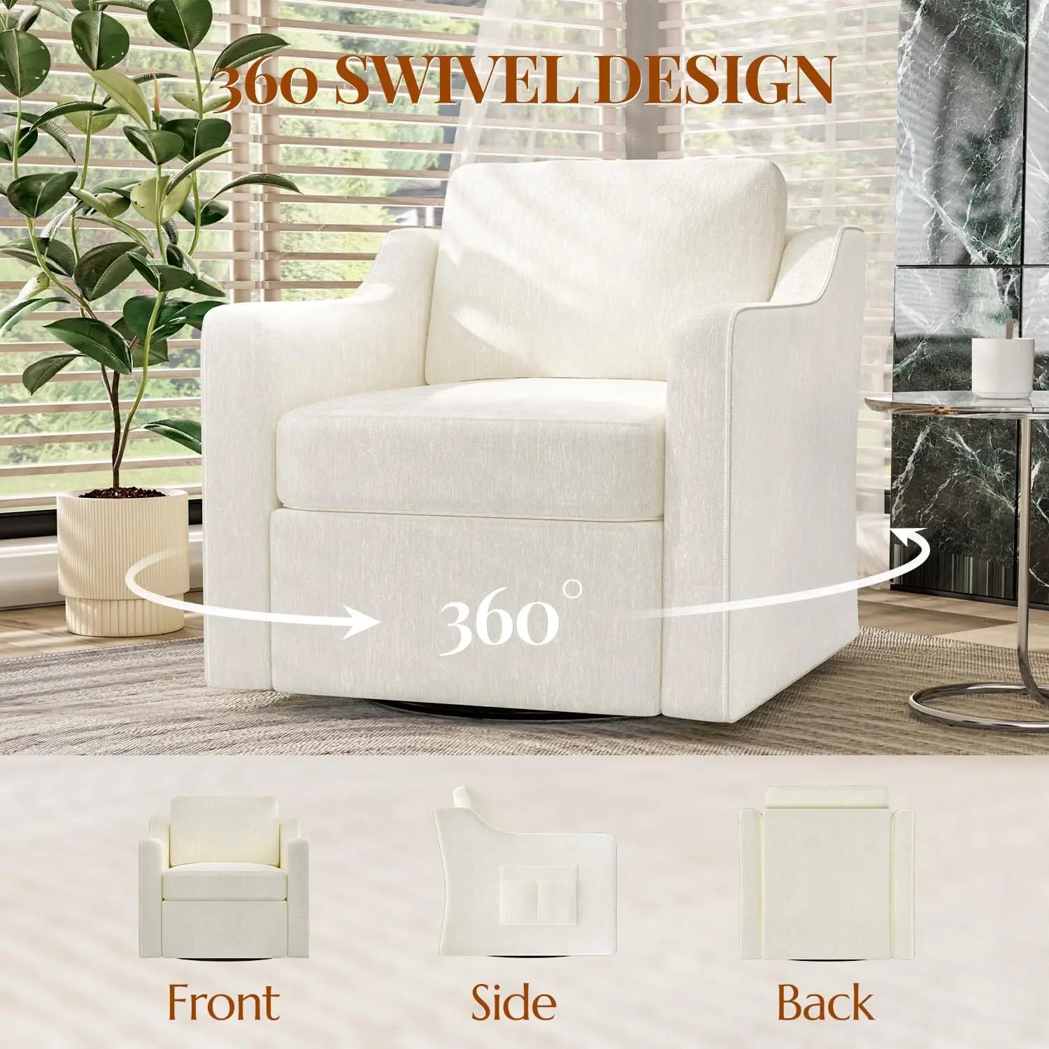 Set of 2 upholstered armchairs with 360-degree swivels, cushioned seats and supportive backs in a bright living area.