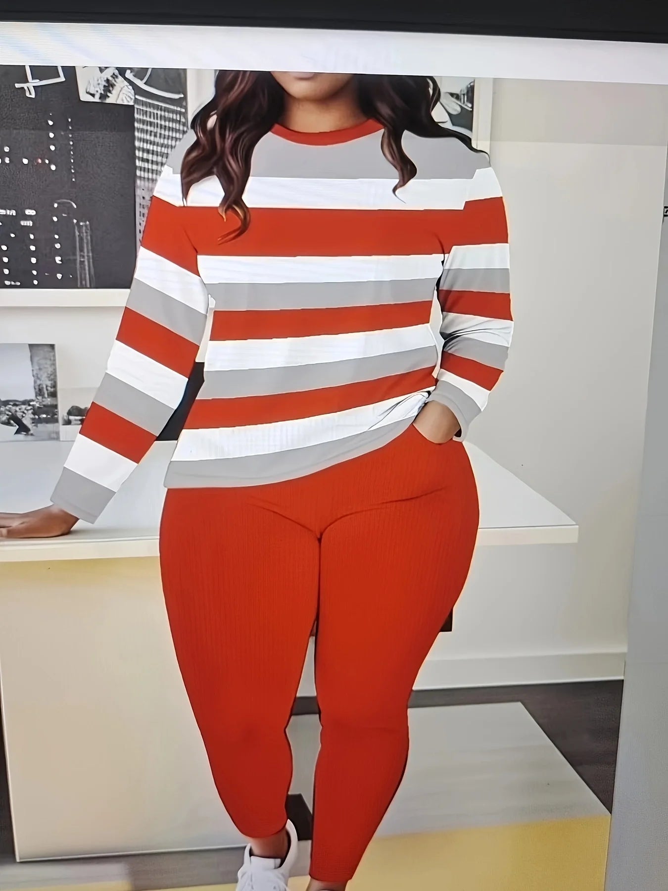 Women's Long Sleeve Two Piece Set Ribbed Pants Casual Loungewear