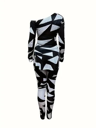 Women's Geometric Print Single Shoulder Two Piece Ensemble