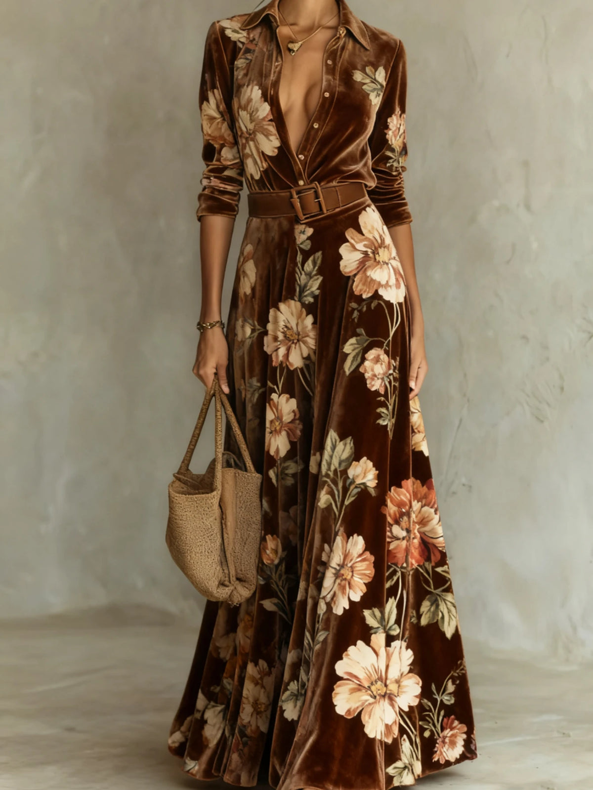 Womens Floral Print Lapel Collar Long Sleeve Maxi Dress