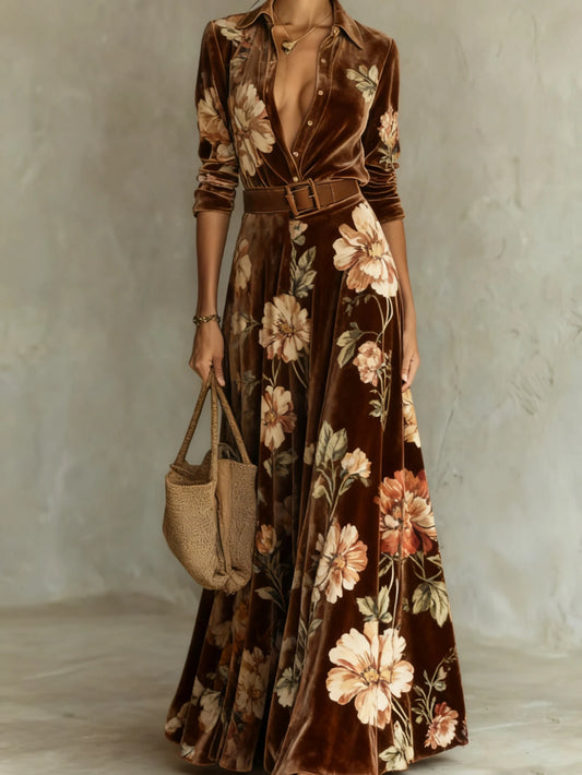 Womens Floral Print Lapel Collar Long Sleeve Maxi Dress