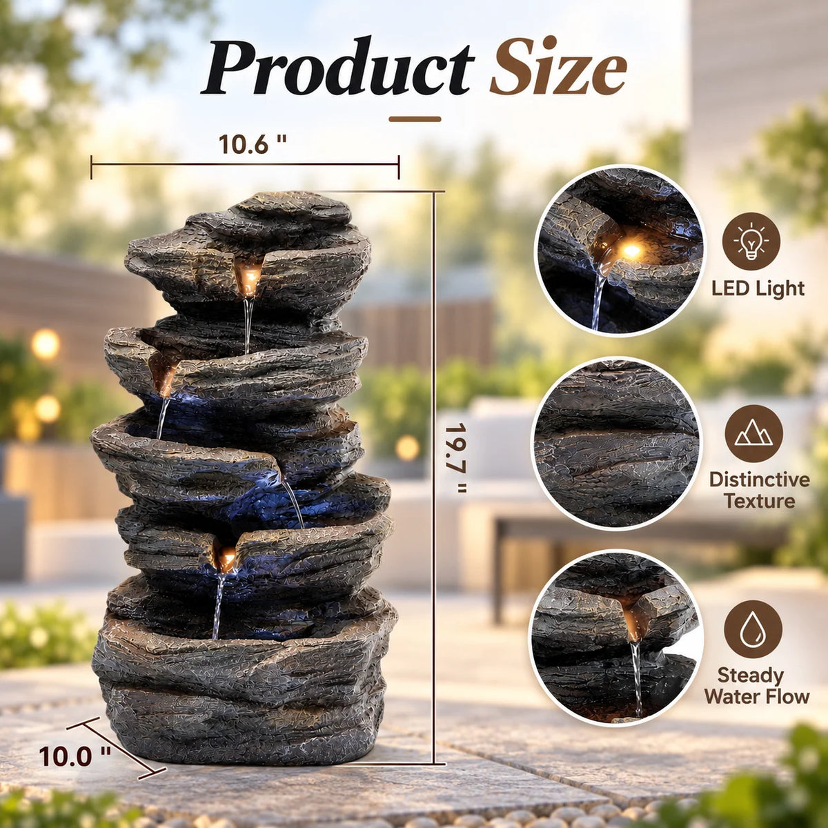 YOYTOP Stone Garden Water Fountain With Built In LED Lighting
