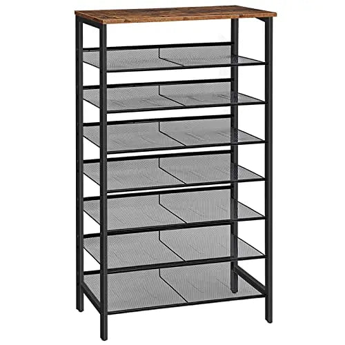Metal 8 Tier Shoe Organizer With Rustic Wood Top SpaceEfficient