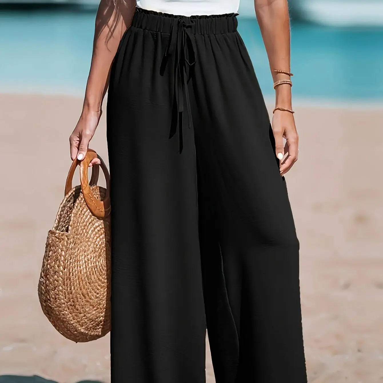 Women's Casual Wide Leg Pants With Pockets And Elastic Waist