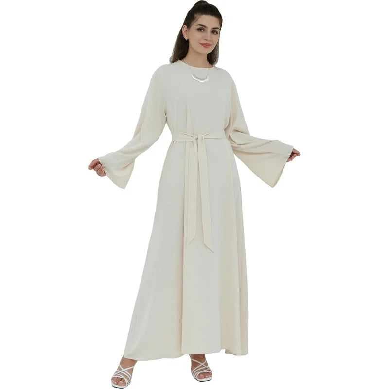 Women Long Abaya Dress With Belt Islamic Maxi Jilbab Robe