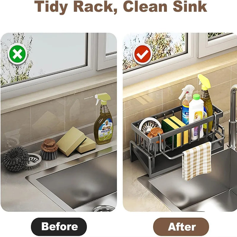 Kitchen Sink Organizer With Tilted Water Tray Storage Rack
