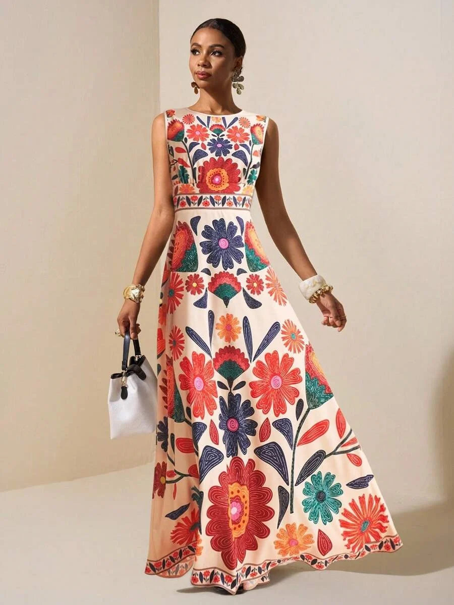 Women Floral Embroidery Sleeveless Maxi Dress For Summer Weddings