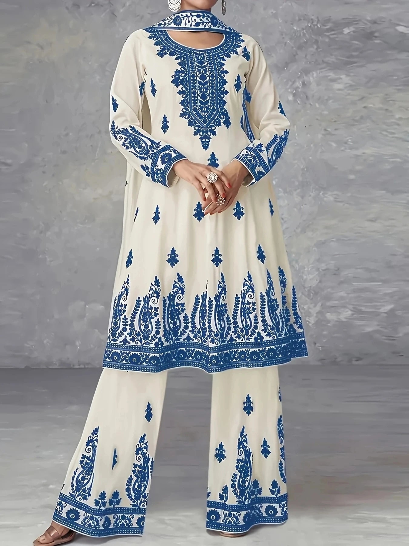 Women's Three Piece Set Ethnic Style Off White Black Printed