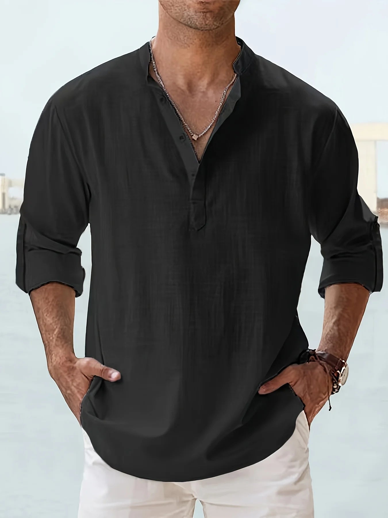 Mens Cotton Linen Stand Collar Long Sleeve Shirt Loose Fit
