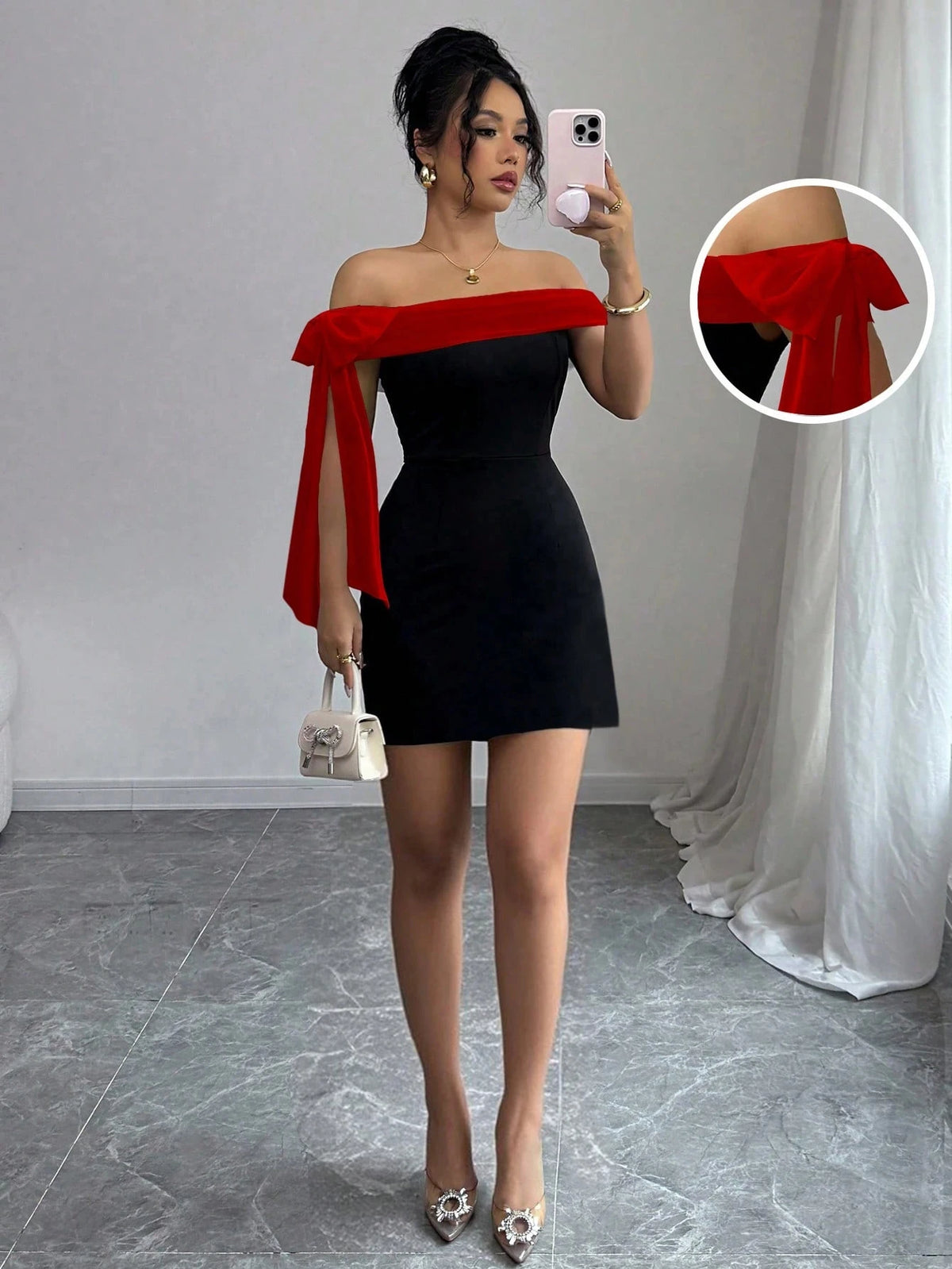 Women Elegant Off Shoulder Bodycon Polyester Dress With Lace Trim