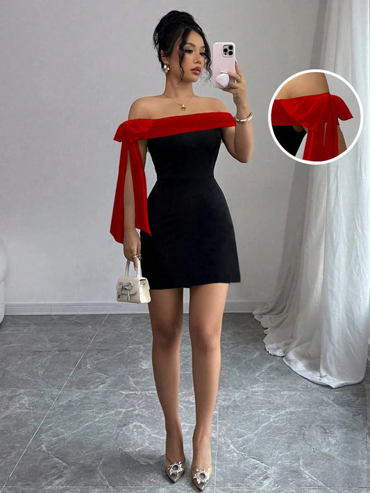 Women Elegant Off Shoulder Bodycon Polyester Dress With Lace Trim