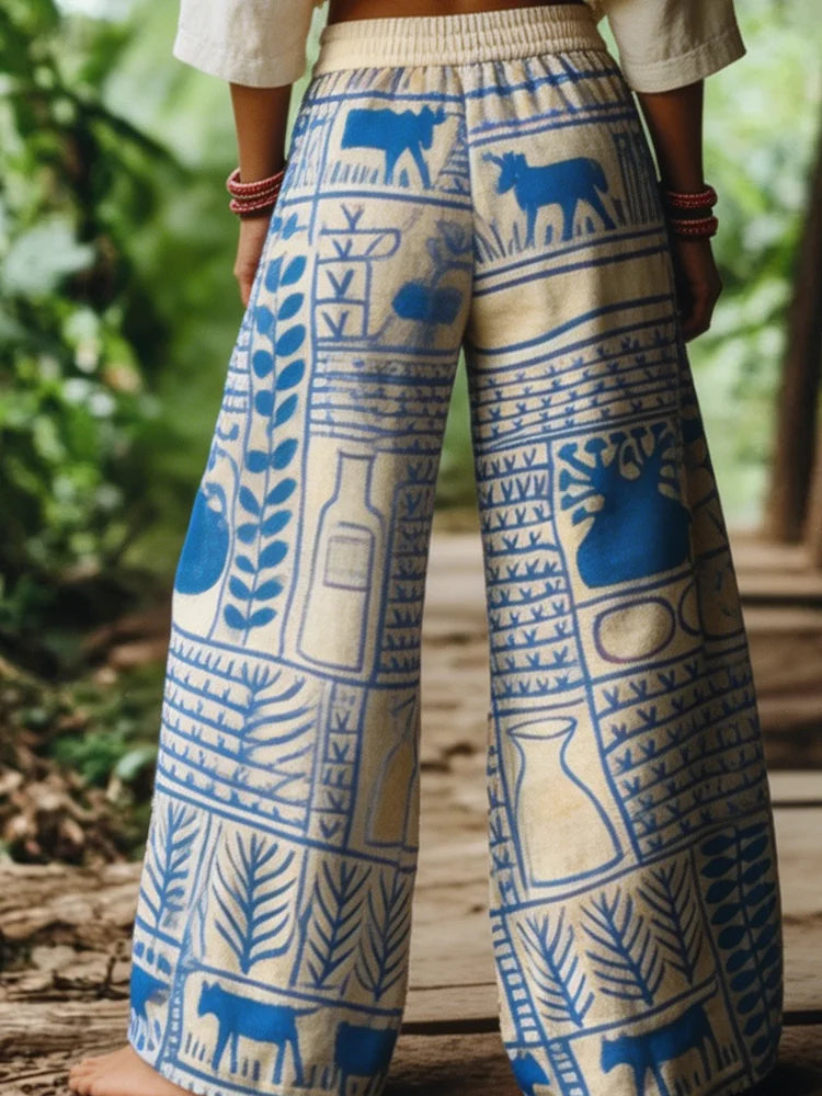 Women's Printed Wide-Leg Trousers High-Waist Bohemian Style