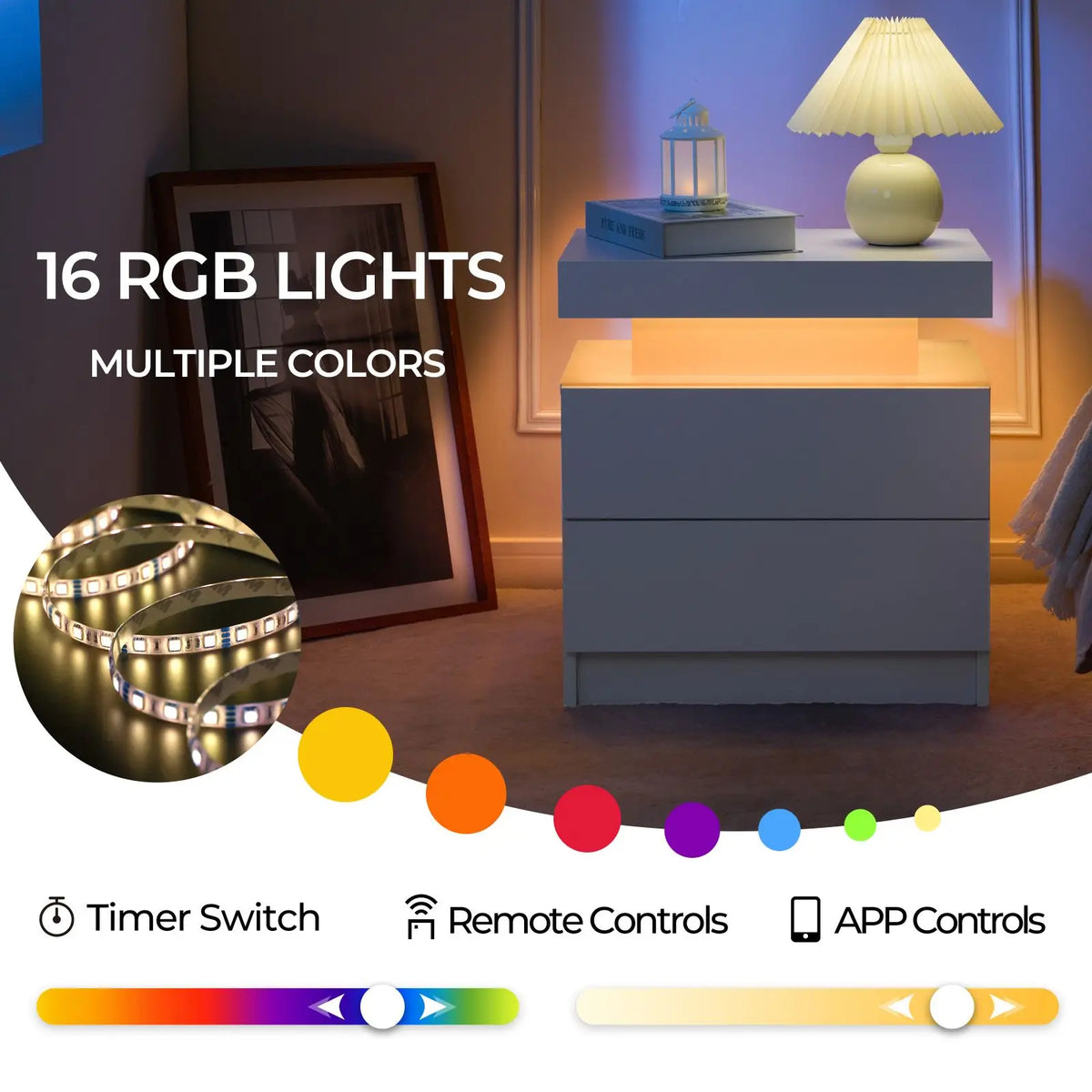 Cubehom LED Nightstand Set with Two Drawers for Bedroom Furniture