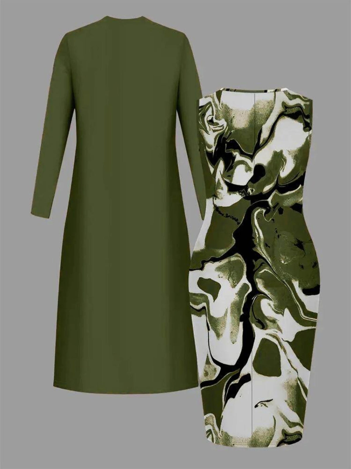 Women's Long Cardigan And Marble Print Midi Dress Outfit Set