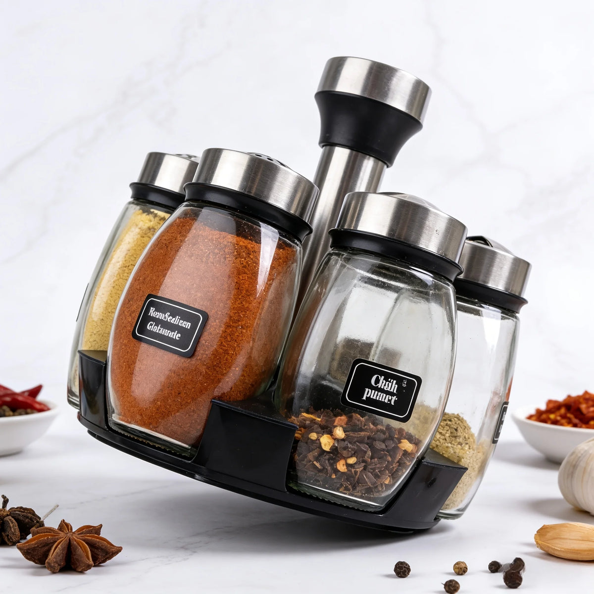 Rotating Spice Rack With Glass Jars And Blank Labels