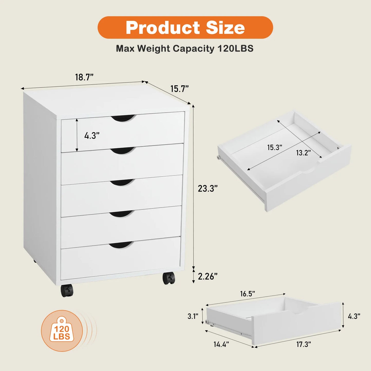 JHK Wood Nightstand 5 Drawer Cabinet On Wheels For Bedroom