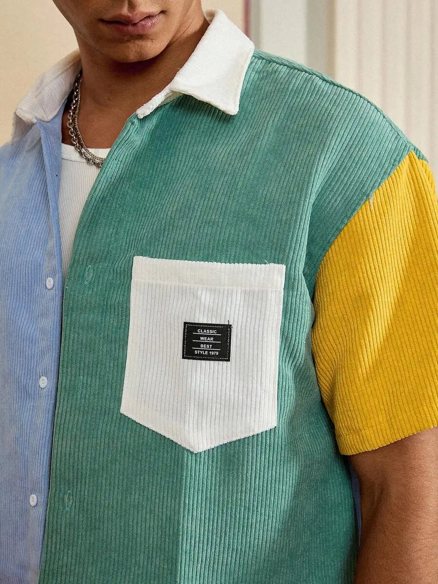Men Patchwork Corduroy Short Sleeve Shirt Casual Daily Wear
