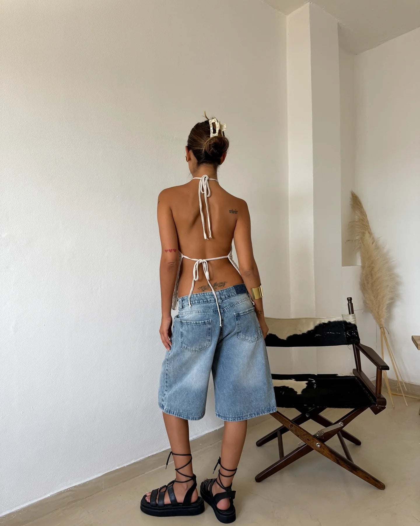 Women Bohemian Knitted Halter Top With Crochet Mesh Texture