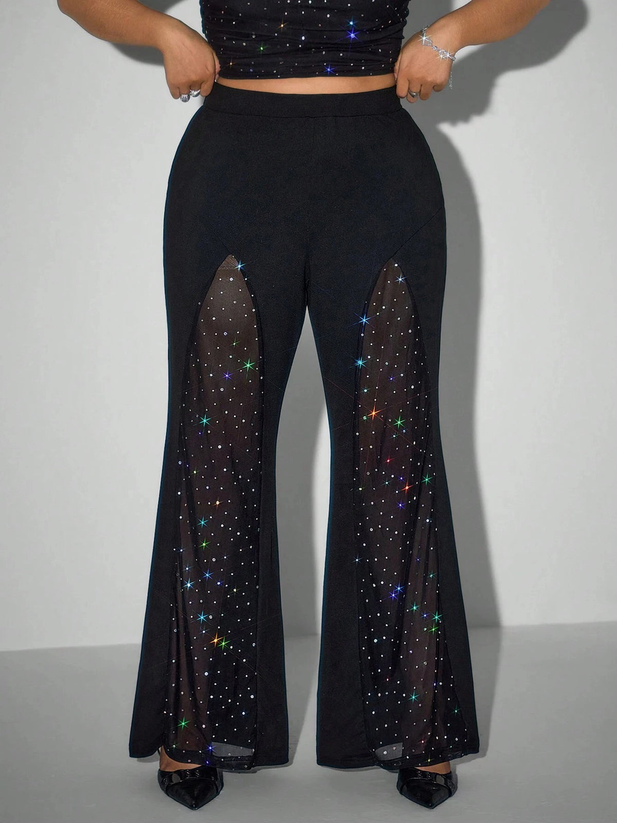 Women's Rhinestone Mesh Flare Pants With High Waist Design