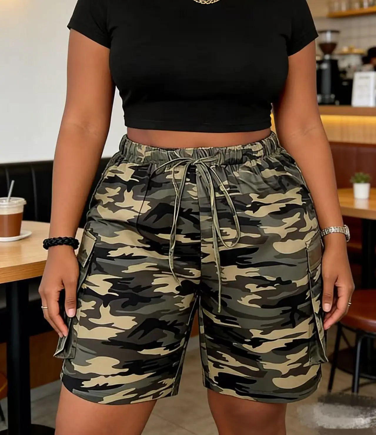 Women Gradient Print Shorts Regular Fit Drawstring Pockets Casual Twill