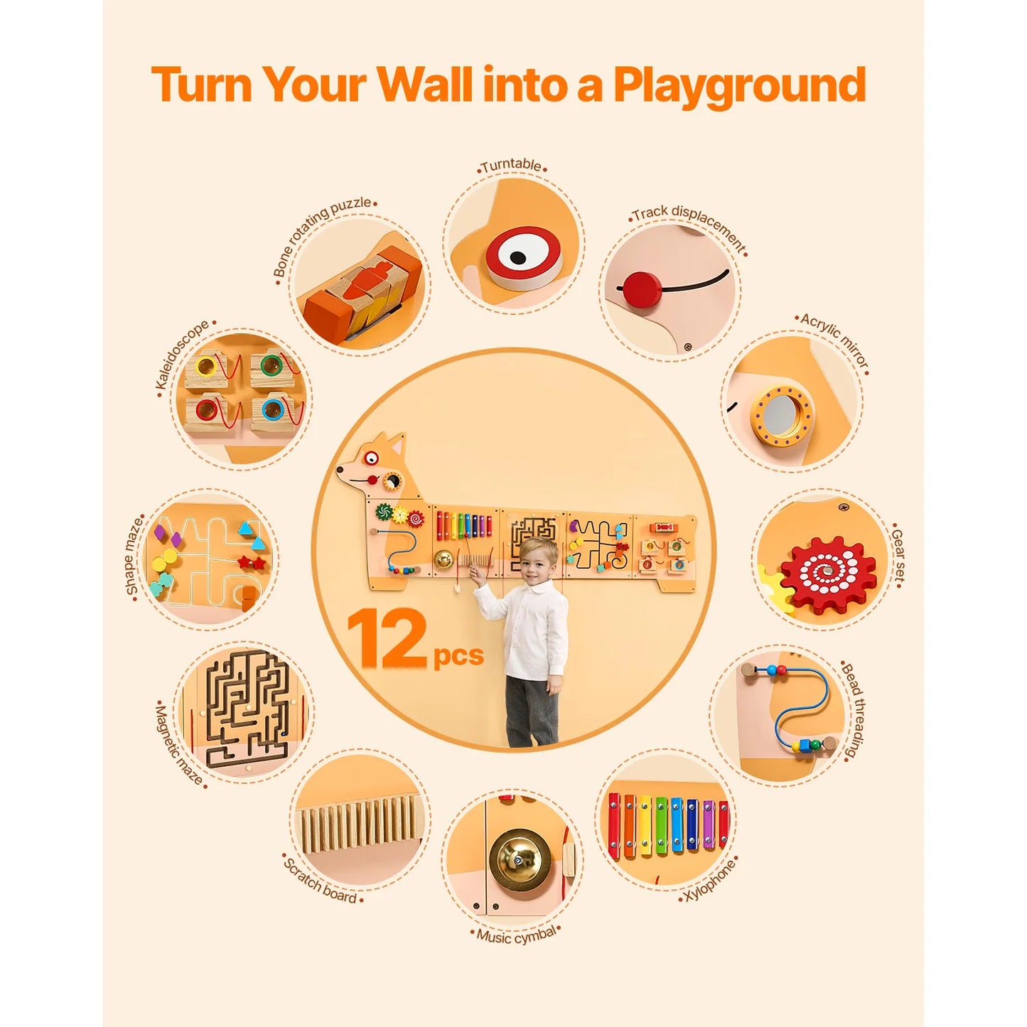 SucceBuy Montessori Sensory Activity Wall Panel With 12 Activities