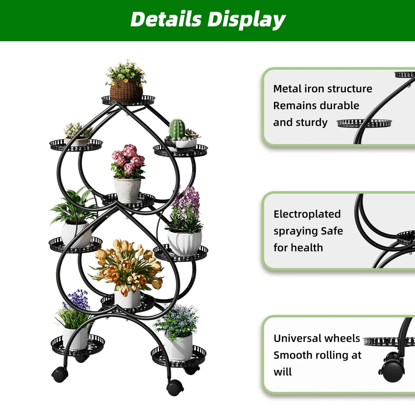 Nine Tier Metal Plant Stand With Wheels For Patio And Garden