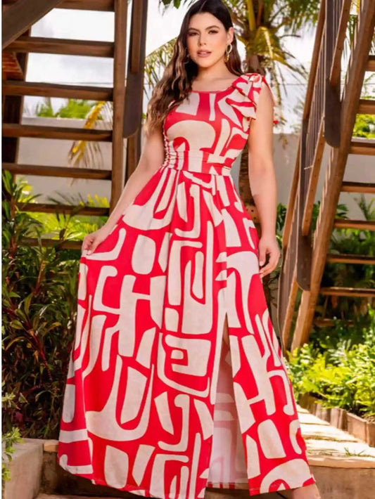 Geometric Print Sleeveless Maxi Dress With Bow Waist And Slit