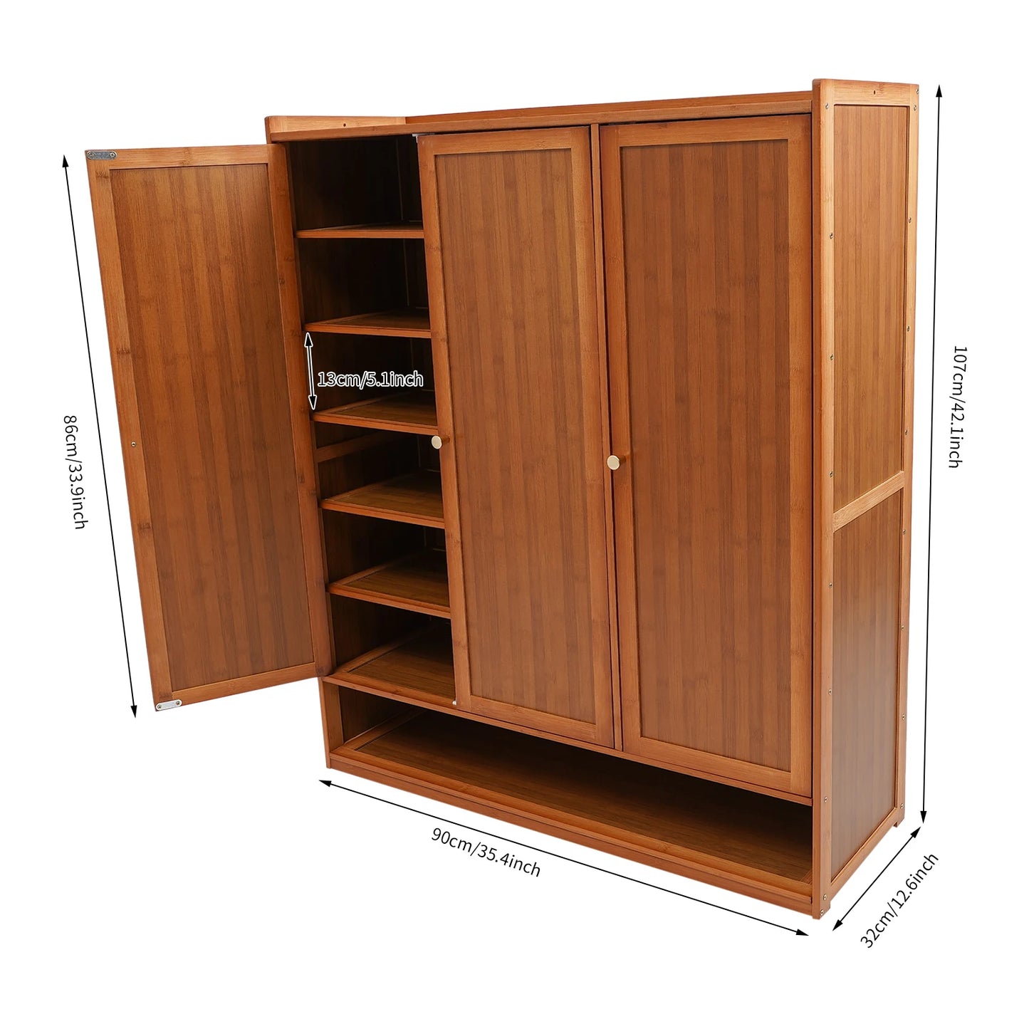 Natural Bamboo Shoe Cabinet With 3 Folding Doors And Partitions