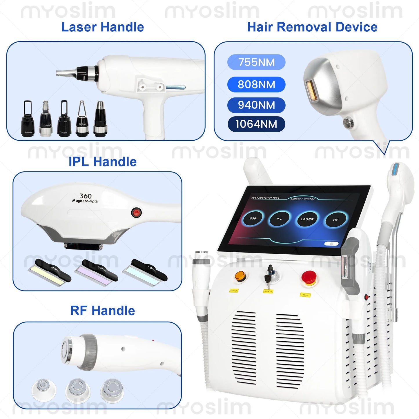 MYOSLIM 4in1 Diode Hair Removal Machine Nd YAG RF Tattoo
